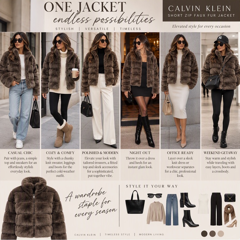 Women's NWT Calvin Klein BrownFaux Fur Puffer Jacket - Size Small - Picture 7 of 7